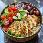 Close-up view of Greek Chicken Bowls featuring grilled chicken, fresh vegetables, and feta cheese.