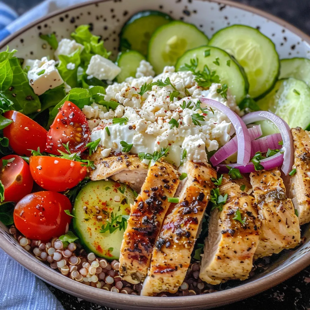 Side angle of a vibrant Greek Chicken Bowl with layers of chicken, tomatoes, cucumbers, and greens.