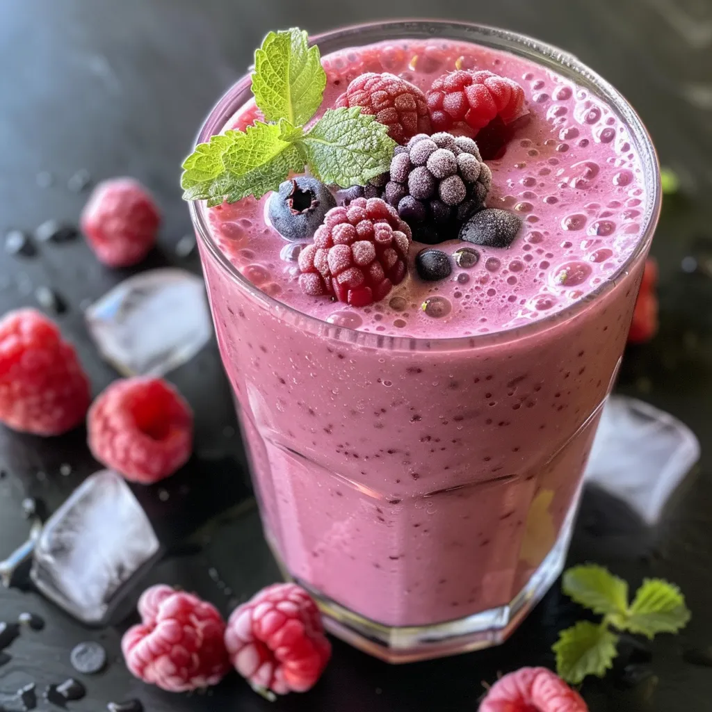 Side view of a berry smoothie with layers of yogurt and colorful mixed berries in a clear glass.