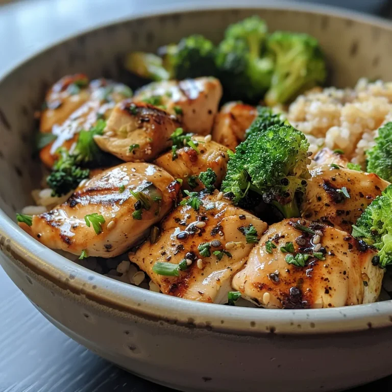 30-Minute Grilled Chicken and Broccoli Bowls with a Dreamy Garlic Sauce Close-up of a grilled chicken and broccoli bowl with creamy garlic sauce.