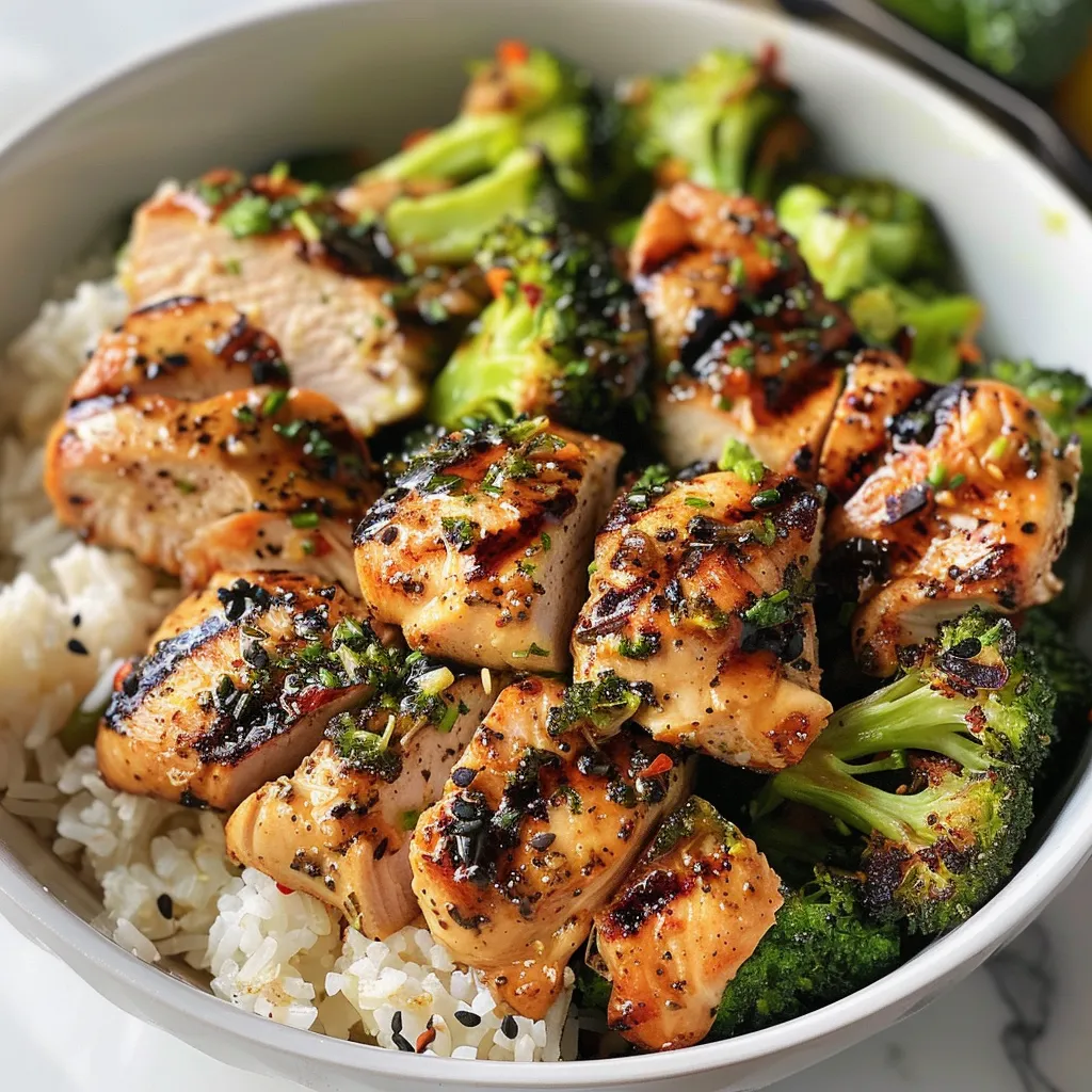 Juicy grilled chicken breasts atop fresh broccoli with a creamy sauce in a bowl.