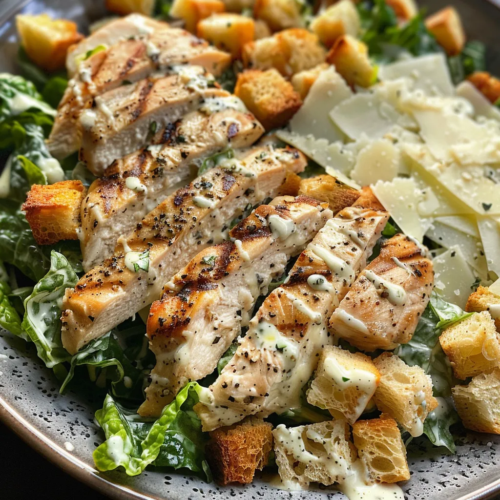 Side view of a vibrant Grilled Chicken Caesar Salad showcasing grilled chicken and fresh ingredients.