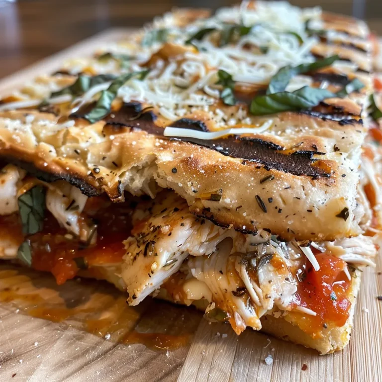 A close-up view of a grilled chicken parmesan flatbread sandwich, showcasing layers of chicken, cheese, and roasted tomato jam.