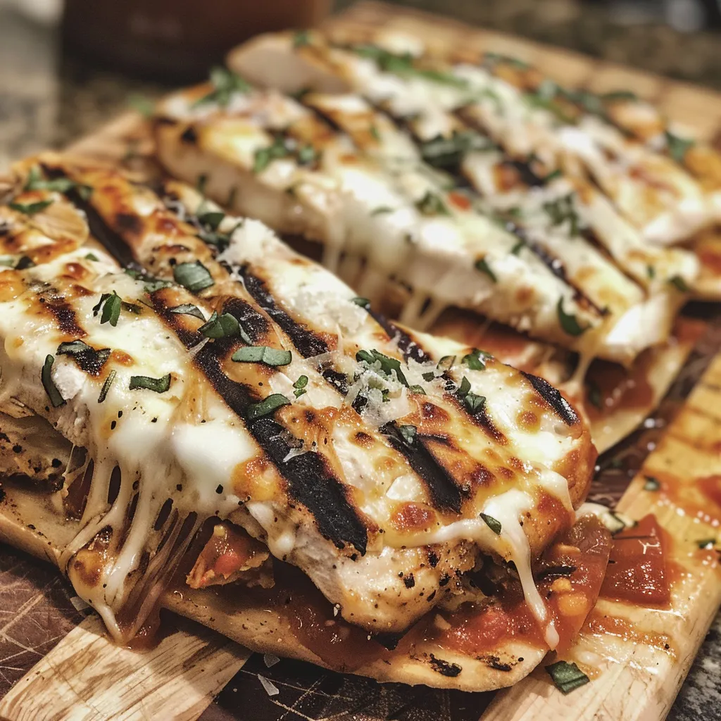Side profile of a juicy grilled chicken parmesan flatbread sandwich, highlighting melted mozzarella and fresh oregano.