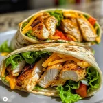 A close-up view of a grilled chicken wrap filled with lettuce and cheese.