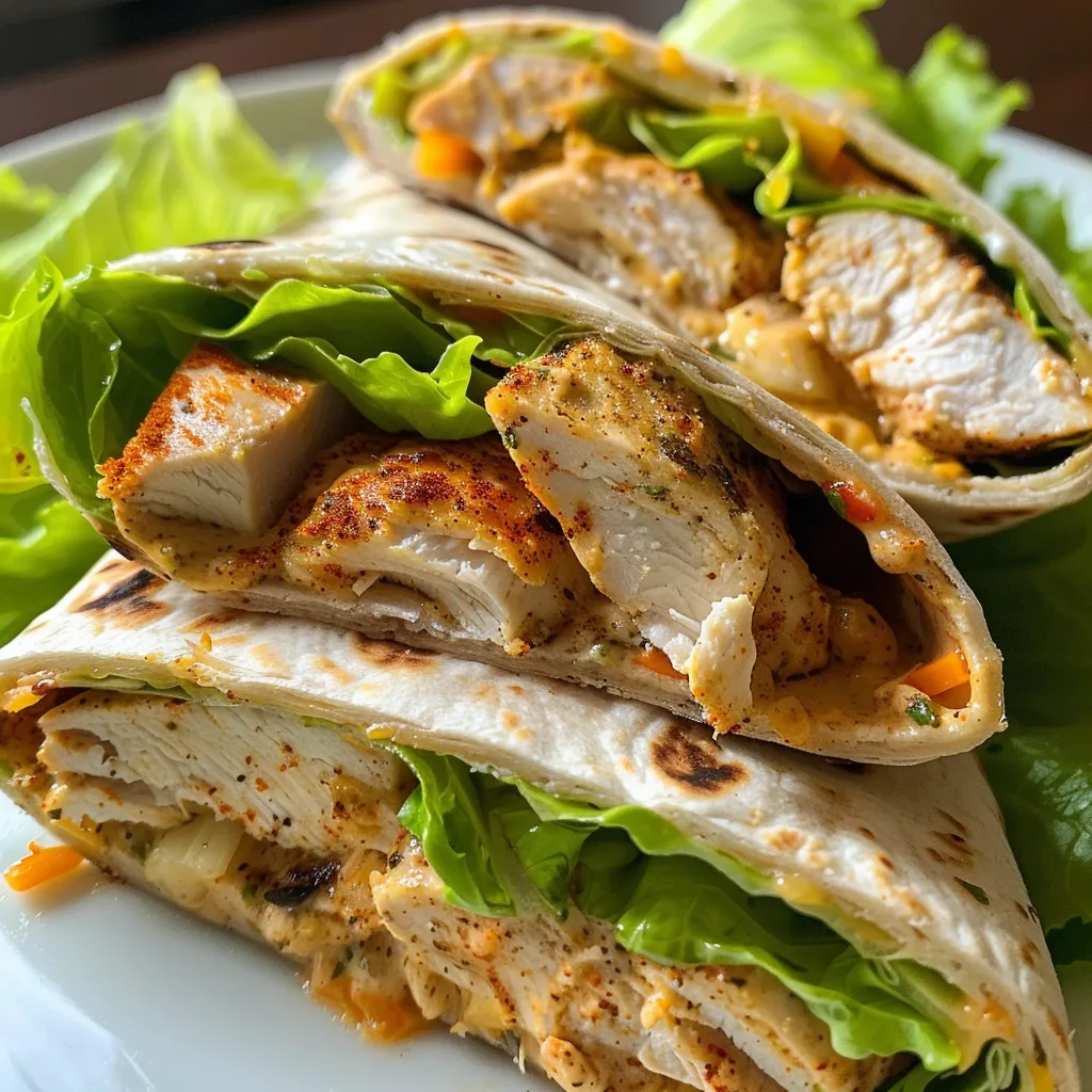 Side view of a juicy grilled chicken wrap on a plate, showcasing its ingredients.