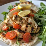 Close-up view of grilled lemon chicken flatbread wraps filled with greens and tomatoes.