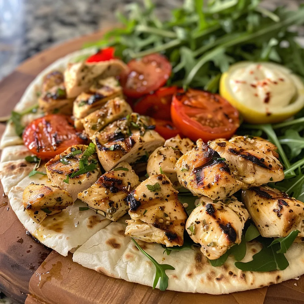 Juicy lemon chicken wrapped in flatbread, topped with fresh greens and sliced tomatoes.