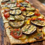 Close-up view of a Grilled Mediterranean Vegetable Flatbread Pizza topped with colorful vegetables and a drizzle of sauce.