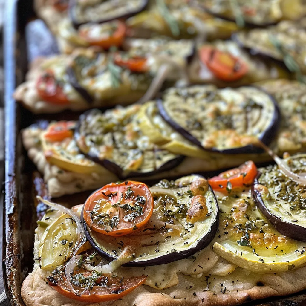 Side view of a delicious flatbread pizza featuring grilled vegetables and tahini sauce, presented on a wooden board.