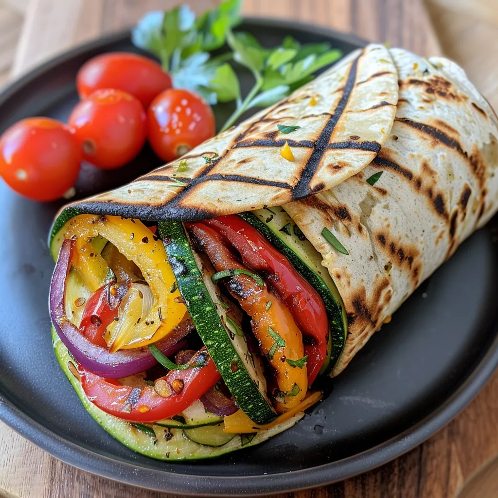 Juicy grilled veggie wrap showcasing zucchini, bell peppers, and a drizzle of herb sauce.