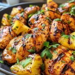 Close-up of a juicy grilled pineapple chicken dish garnished with cilantro.
