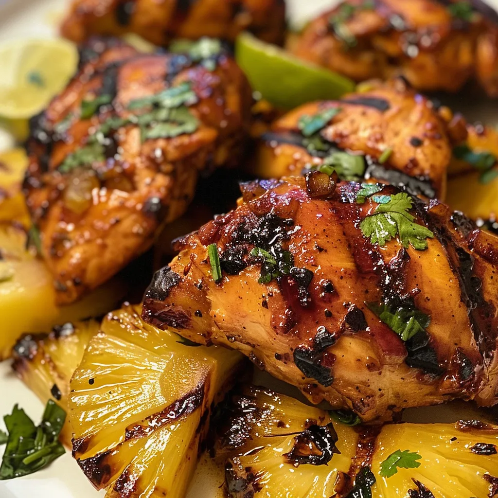 Side view of succulent grilled chicken topped with fresh pineapple pieces.