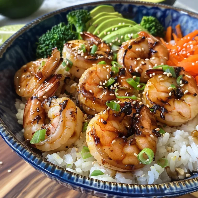 Close-up view of a grilled shrimp rice bowl topped with green onions and sesame seeds.