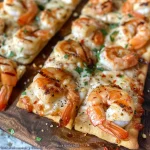 Close-up view of grilled shrimp scampi flatbread pizza topped with melted mozzarella and fresh parsley.