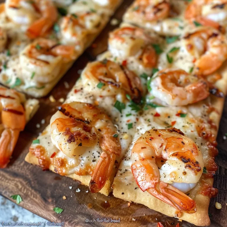 Close-up view of grilled shrimp scampi flatbread pizza topped with melted mozzarella and fresh parsley.