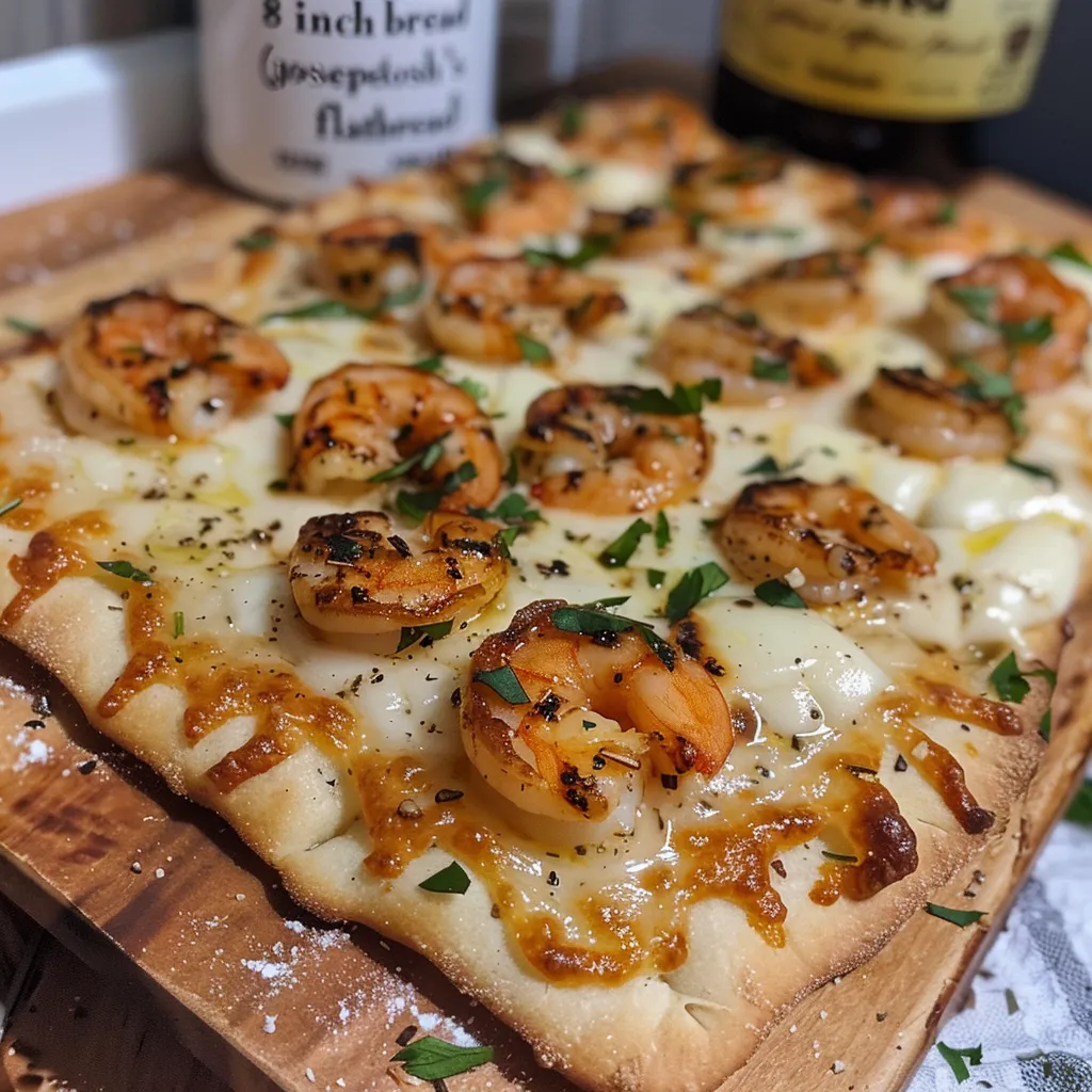 Juicy jumbo shrimp on a crispy flatbread with garlic and cheese, presented at an angle.