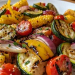 Close-up view of a vibrant grilled vegetable salad featuring zucchini, bell peppers, corn, and cherry tomatoes.