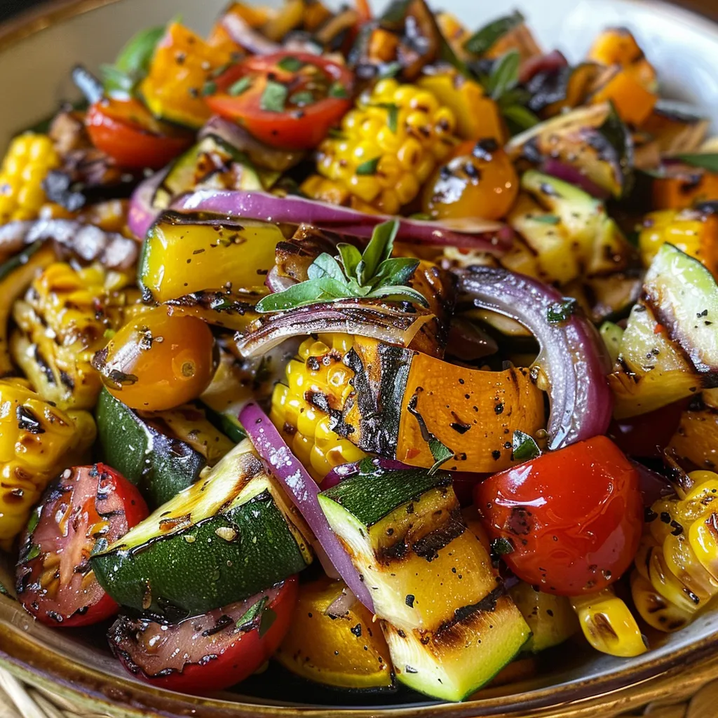 A colorful array of grilled summer vegetables on a plate, showcasing zucchini, yellow squash, and red onion.
