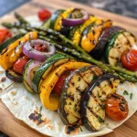 Close-up view of colorful grilled vegetable wraps filled with fresh vegetables and hummus.