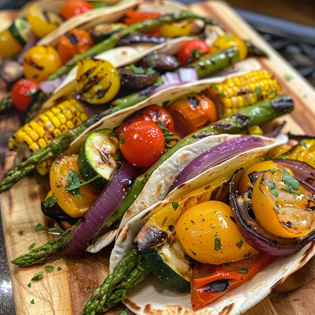 Side angle shot of juicy grilled vegetable wraps featuring bell peppers, zucchini, and eggplant.