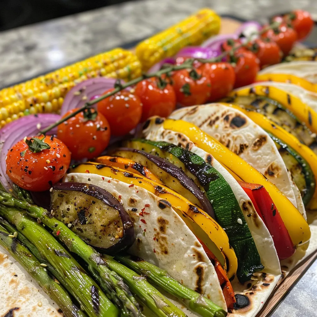 Side view of delicious grilled vegetable wraps served on a plate.