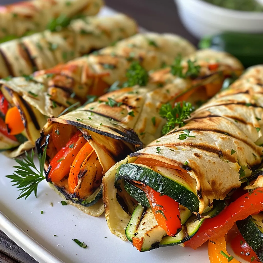 Side view of a juicy grilled veggie wrap with hummus peeking out.