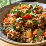 Close-up of a colorful Ground Beef and Quinoa Bowl topped with fresh herbs.
