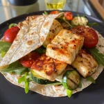 Close-up of a Halloumi wrap filled with grilled vegetables and greens.