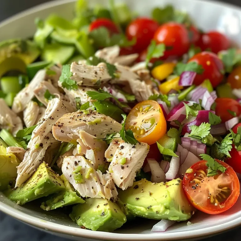 Close-up view of a colorful avocado chicken salad in a bowl, showcasing fresh ingredients.
