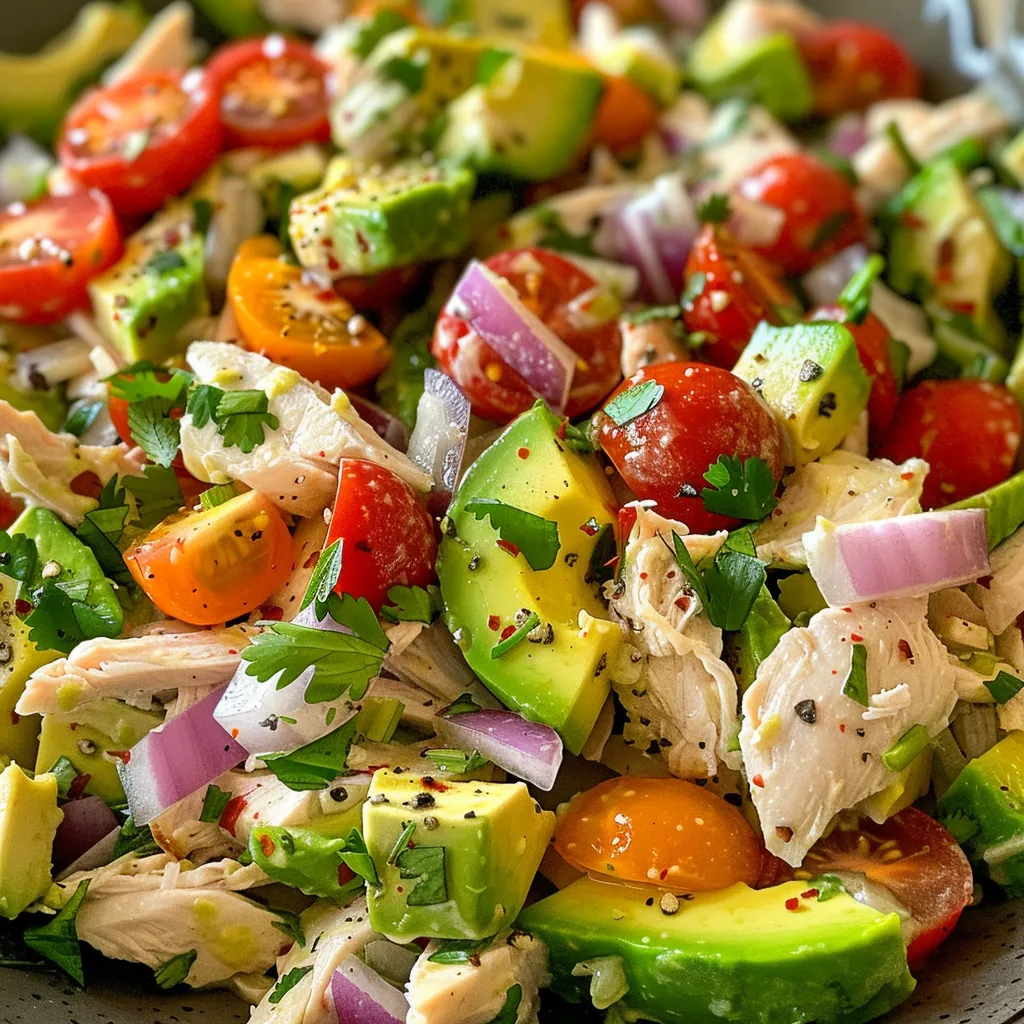 Side view of a vibrant avocado chicken salad, highlighting diced chicken and vegetables.