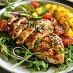 Close-up view of a vibrant Healthy Chicken Mango Salad with chicken, mango, avocado, and greens.