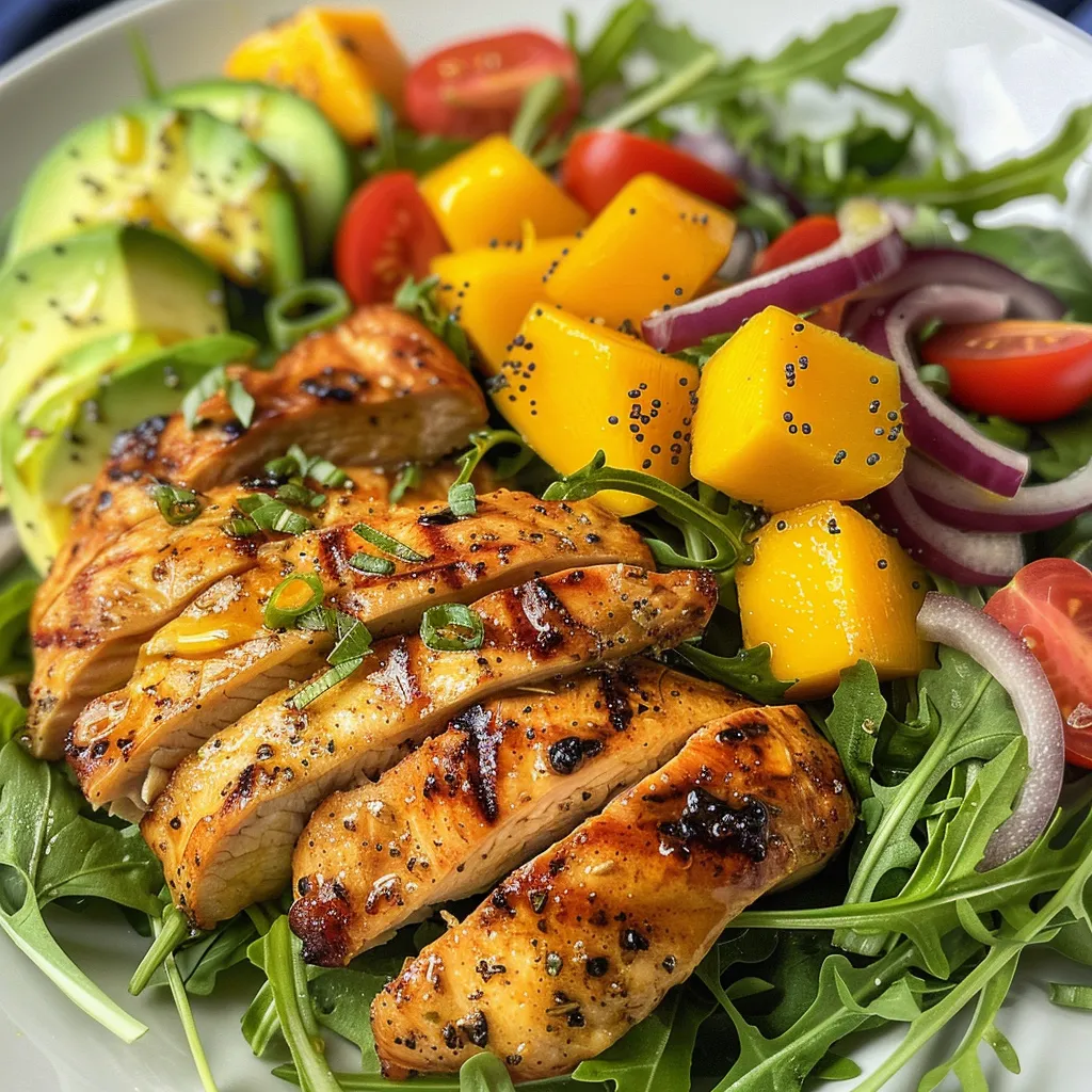 Delicious Chicken Mango Salad featuring colorful ingredients like arugula, tomatoes, and cucumbers.