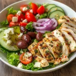 Close-up view of a colorful Greek salad topped with sliced chicken and fresh vegetables.