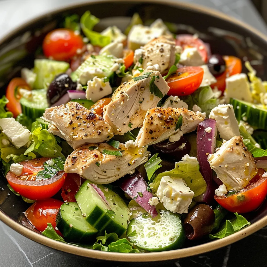 Juicy Greek salad featuring chicken breast, lettuce, tomatoes, cucumbers, and olives.