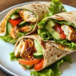 Close-up view of a healthy honey mustard wrap with fresh vegetables and chicken.