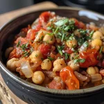 Close-up of a vibrant tomato and chickpea stew in a bowl, garnished with yogurt and herbs.