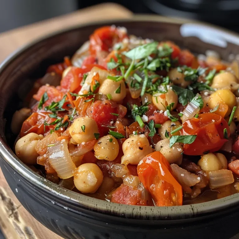Close-up of a vibrant tomato and chickpea stew in a bowl, garnished with yogurt and herbs.