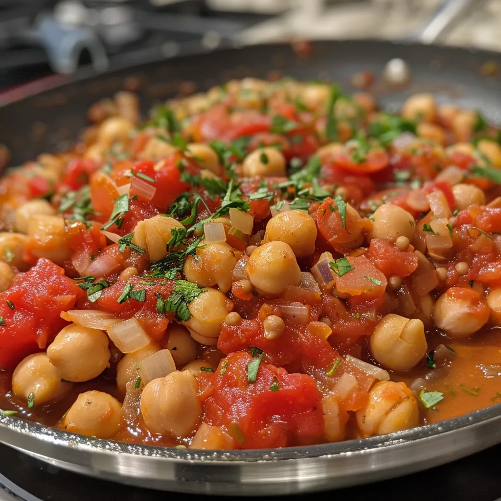 A side view of a hearty stew featuring chickpeas and tomatoes, drizzled with olive oil.