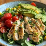 Close-up of a Healthy Ranch Chicken Salad featuring colorful ingredients.