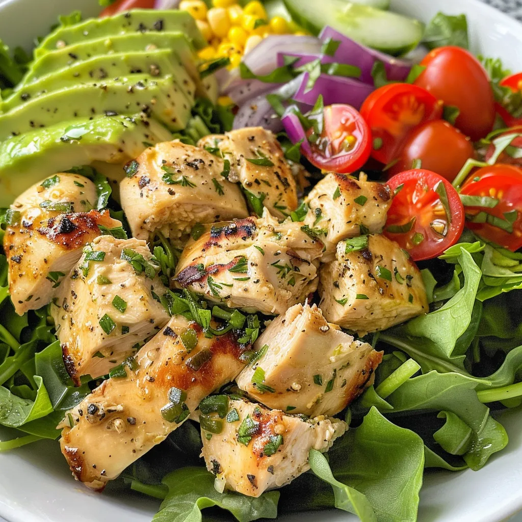 Side view of a vibrant chicken salad with greens, tomatoes, and avocado.
