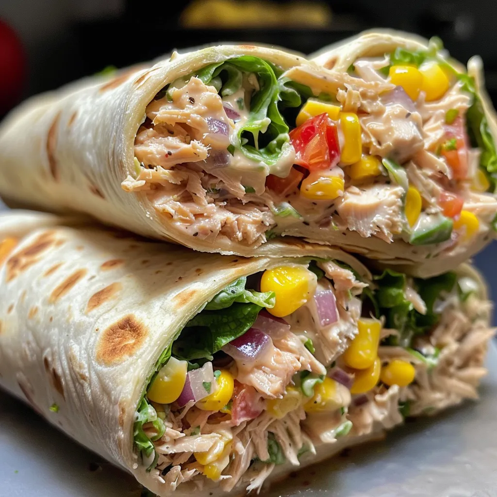 Side view of a juicy tuna melt wrap showcasing its filling and texture.