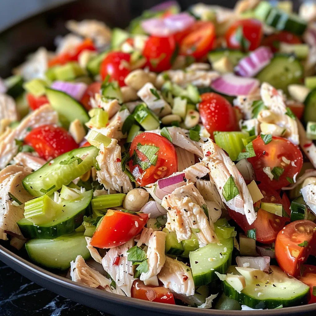 Juicy shredded chicken salad with diced vegetables and a creamy dressing, photographed from the side.