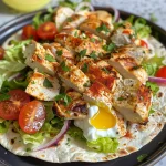 Close-up of a crispy cottage cheese flatbread chicken wrap filled with fresh ingredients.