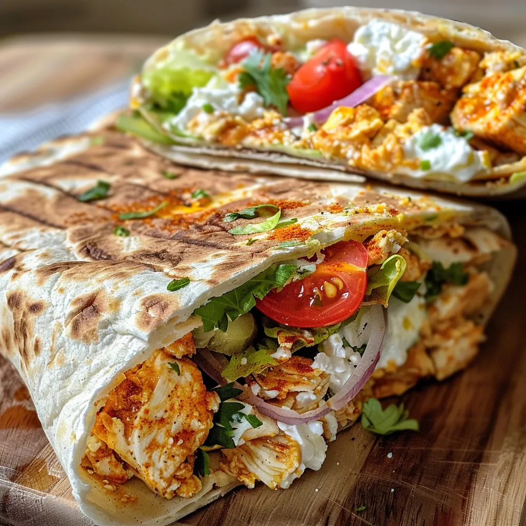Side view of a juicy chicken wrap made with cottage cheese flatbread and vibrant vegetables.