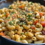 Close-up of creamy vegan pasta with vibrant vegetables.