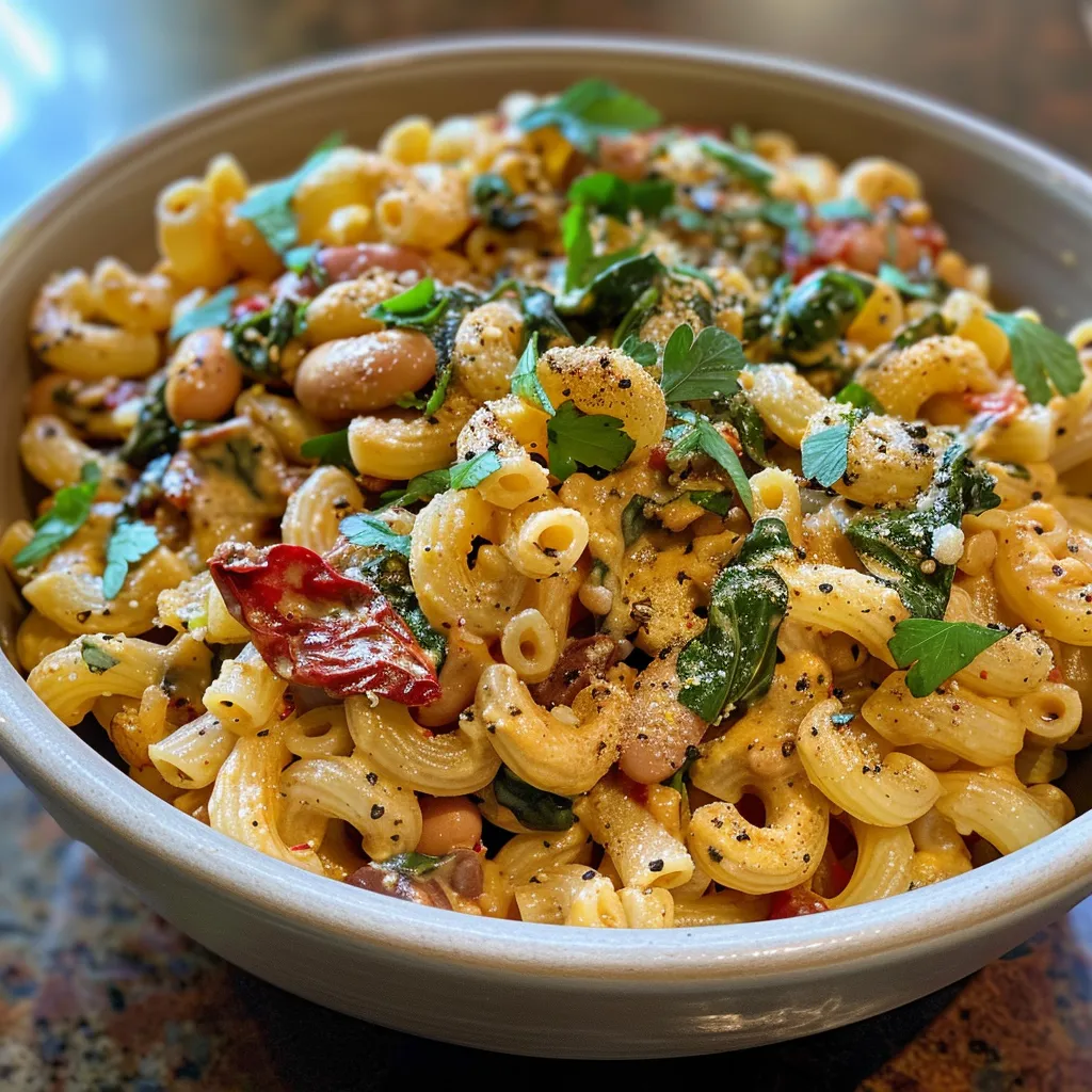 High-protein lentil pasta dish featuring colorful bell peppers and spinach.