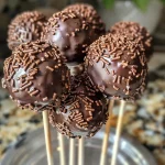 Close-up view of juicy homemade chocolate cake pops, coated in chocolate.