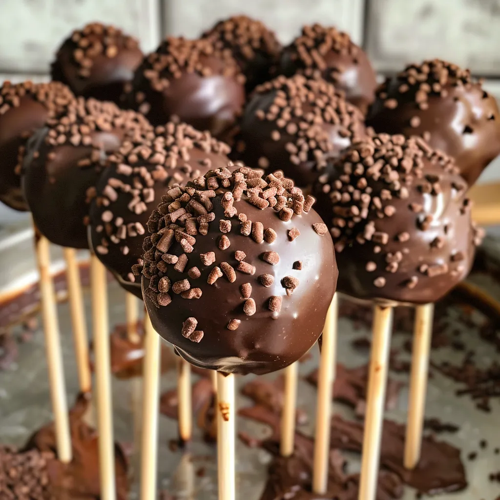 Side view of chocolate cake pops on a stick, drizzled with chocolate.