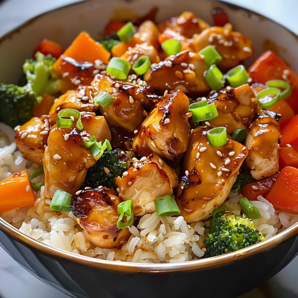 Side shot of a delicious Honey Garlic Chicken Rice Bowl with broccoli and carrots.